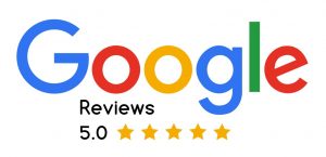 Google Reviews logo displaying a 5.0 rating with five yellow stars beneath the brand name.
